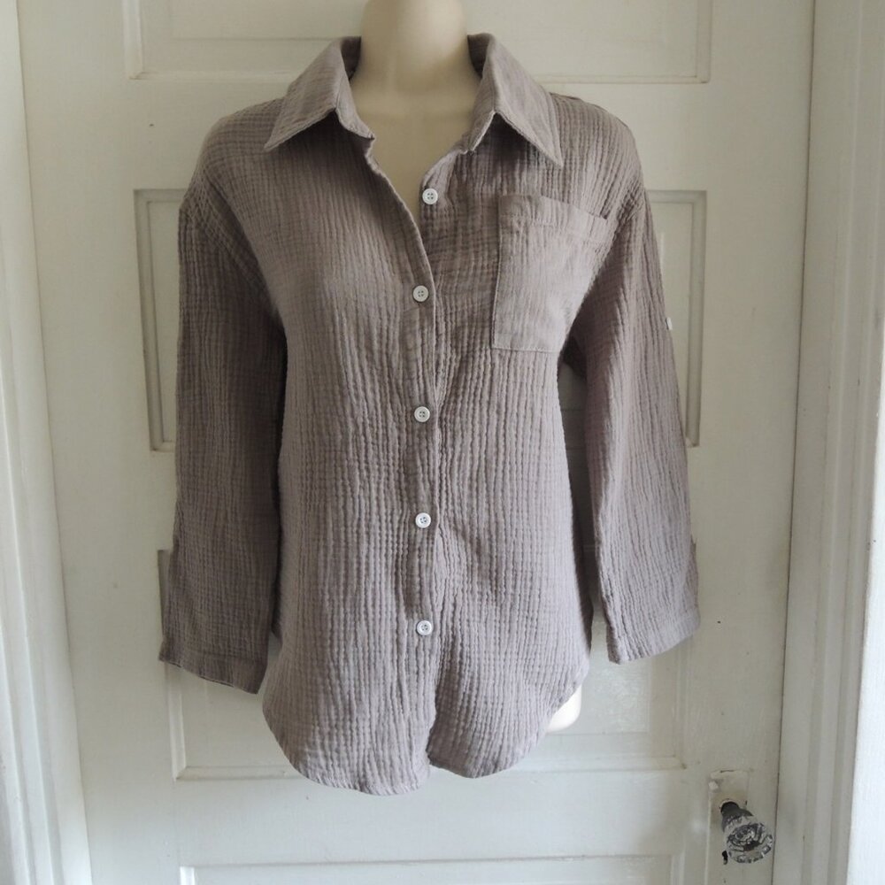 Commense Sage Bubble Gauze Textured Tab Sleeve Shirt S